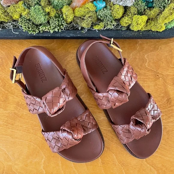 new SCHUTZ Kareena Brown Woven Leather Knot Sandals Ankle Strap Flat 6.5 - Picture 2 of 9